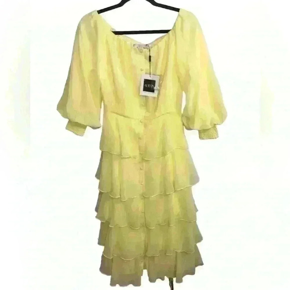 Alieva Dorra Chiffon Midi Dress Size Small Yellow Ruffle Sexy Girly Wavy - Picture 10 of 14